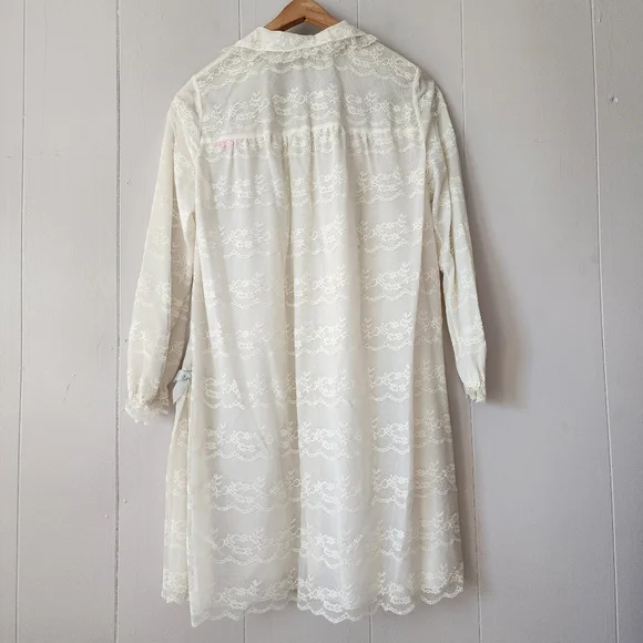 Vintage Odette Barsa Ivory Lace Peignoir Robe 1950s Sheer Blue Ribbon - Picture 10 of 15